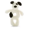 JELLYCAT BASHFUL BLACK AND CREAM PUPPY RING RATTLE