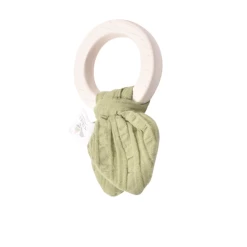 Tikiri ORGANIC NATURAL RUBBER TEETHING RING WITH OLIVE GREEN MUSLIN TIE